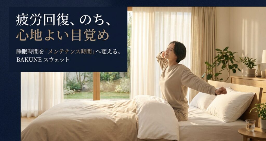 「疲労回復、のち、心地よい目覚め」というキャッチコピーが書かれたBAKUNEのイントロダクションスライド