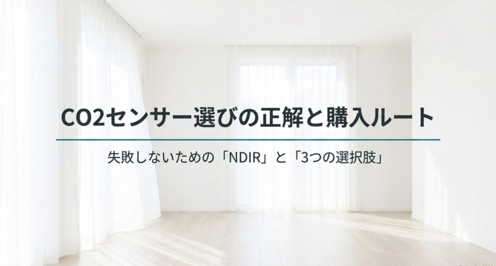 CO2センサー選びの正解と購入ルートについて解説したスライドの表紙。失敗しないためのNDIR方式と3つの選択肢を提示。