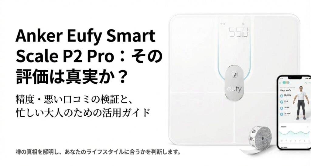 Eufy Smart Scale P2 Proの製品画像と「その評価は真実か？」というキャッチコピーが書かれたアイキャッチ画像