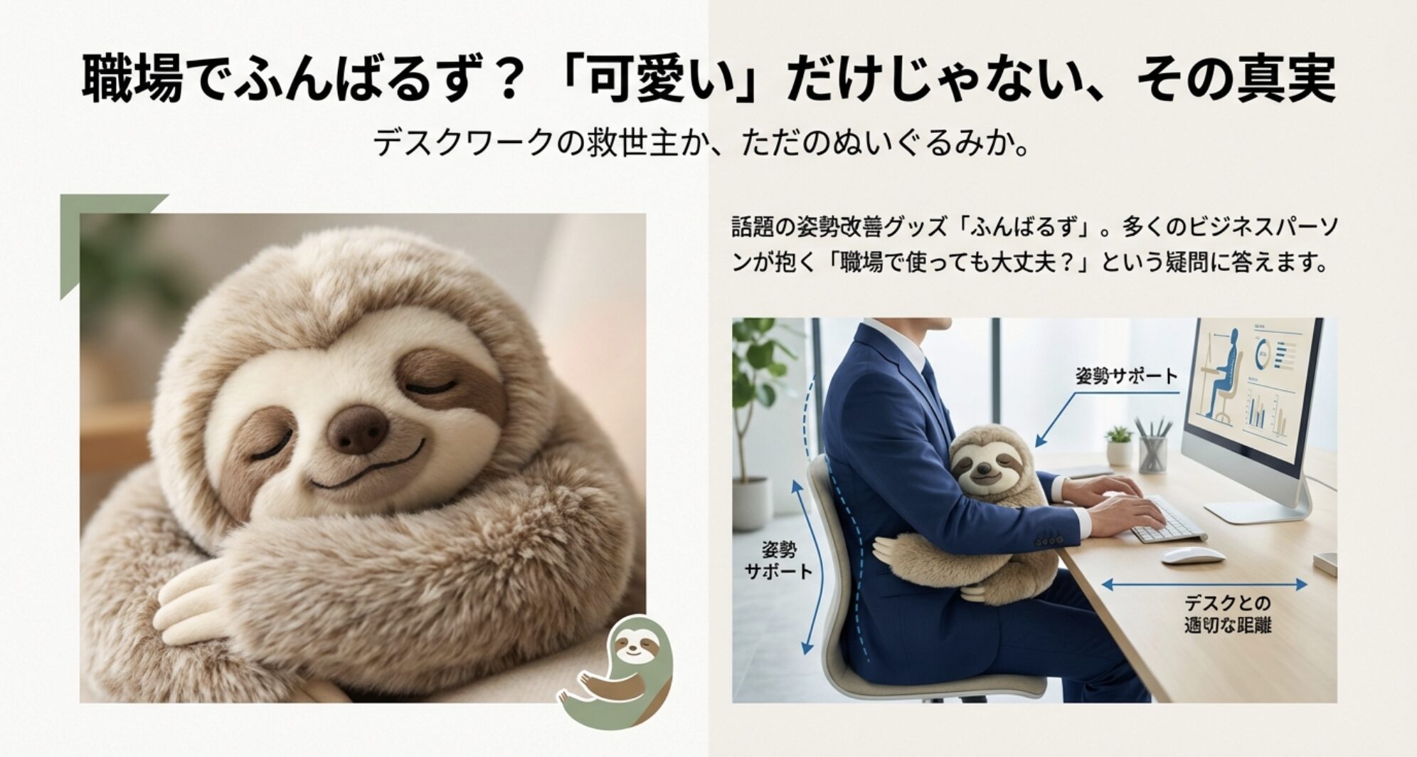 デスクワークでふんばるずを抱くオフィスワーカーと商品のイメージ