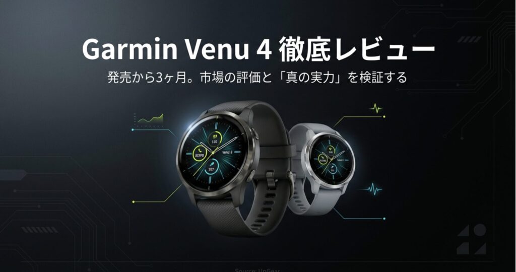 Garmin Venu 4の製品画像。ブラックとグレーの2モデルが並び、ウォッチフェイスには活動量や心拍データが表示されている。