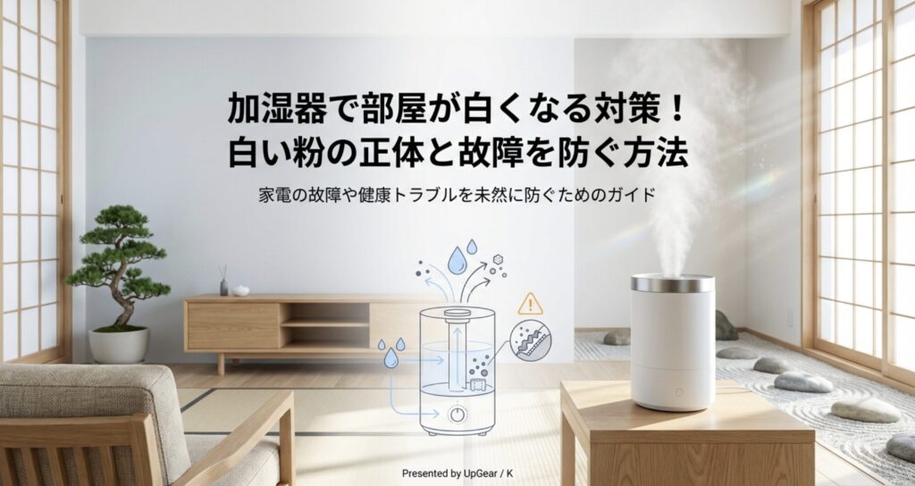 加湿器の白い粉対策と故障を防ぐ方法を解説したスライドの表紙。UpGear/K監修。