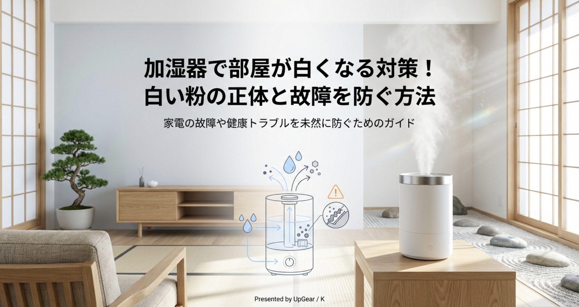 加湿器の白い粉対策と故障を防ぐ方法を解説したスライドの表紙。UpGear/K監修。