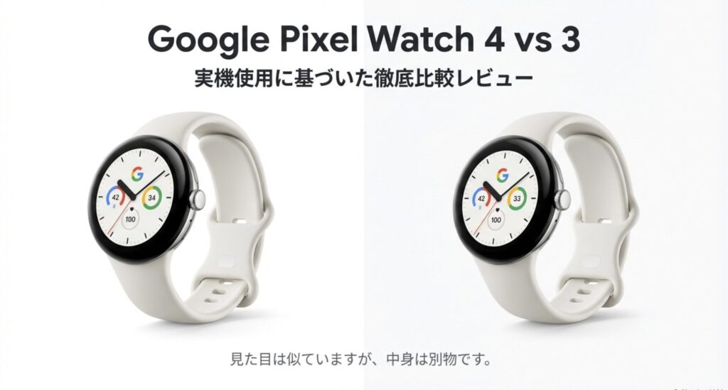 Google Pixel Watch 4とPixel Watch 3を比較した実機レビュー記事のアイキャッチ画像。新旧モデルの製品写真。
