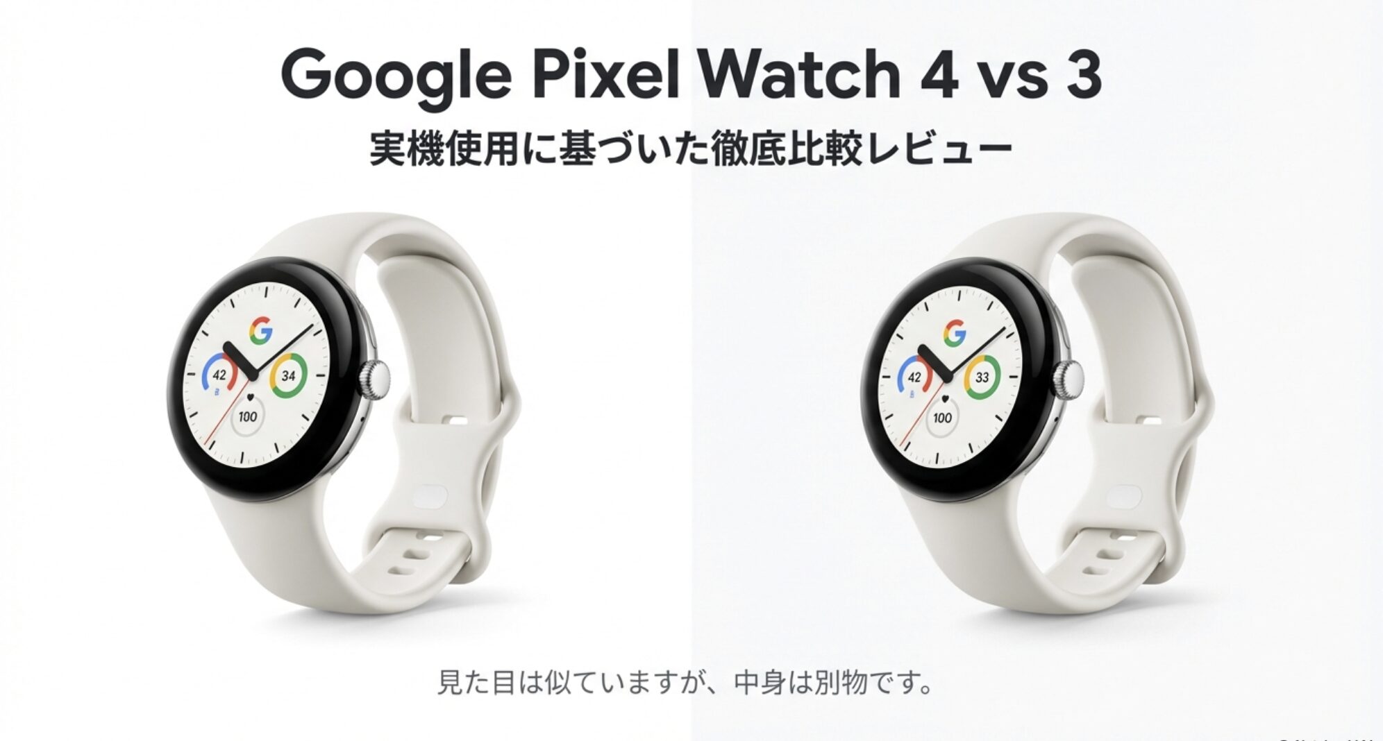 Google Pixel Watch 4とPixel Watch 3を比較した実機レビュー記事のアイキャッチ画像。新旧モデルの製品写真。