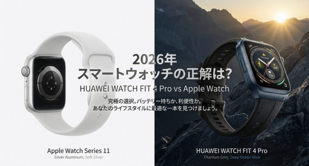 2026年のスマートウォッチ比較。HUAWEI WATCH FIT 4 ProとApple Watch、あなたのライフスタイルに最適な一本を見つけましょう。