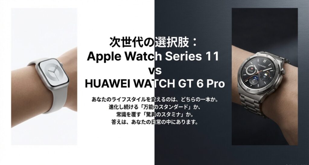 Apple Watch Series 11とHUAWEI WATCH GT 6 Proが左右に並び、「次世代の選択肢」というキャッチコピーが表示されているスライド