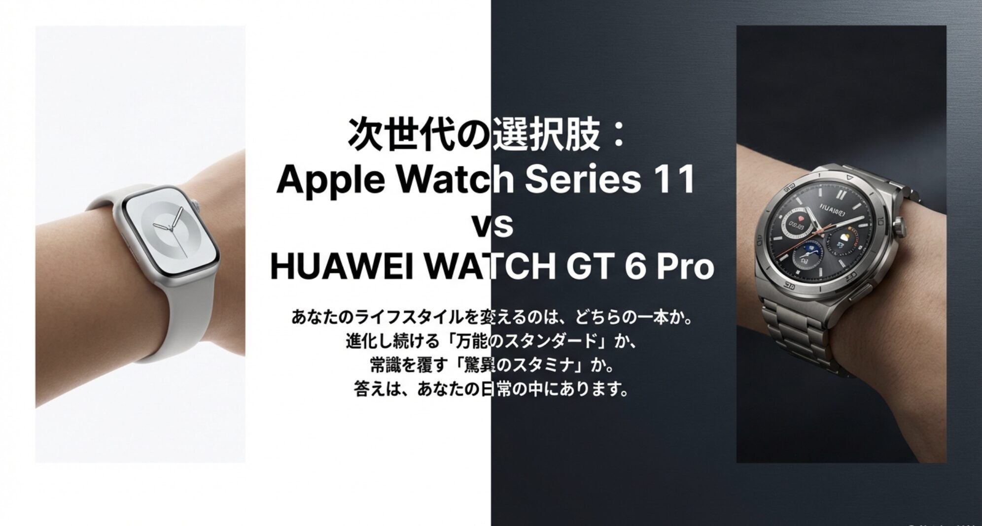 Apple Watch Series 11とHUAWEI WATCH GT 6 Proが左右に並び、「次世代の選択肢」というキャッチコピーが表示されているスライド
