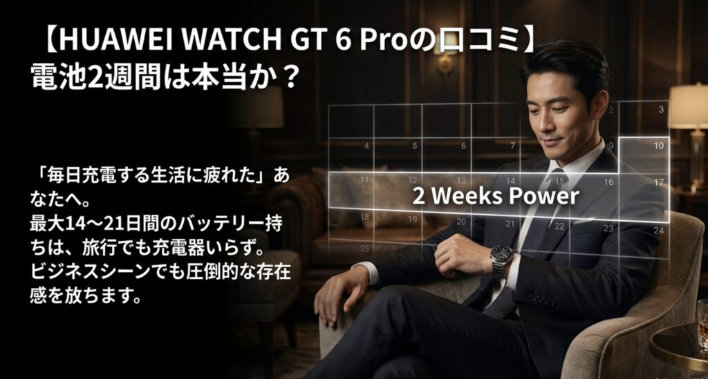 「電池2週間は本当か？」という問いかけと共に、1日から25日までのカレンダーが表示され、毎日充電するストレスからの解放を訴求しているスライド
