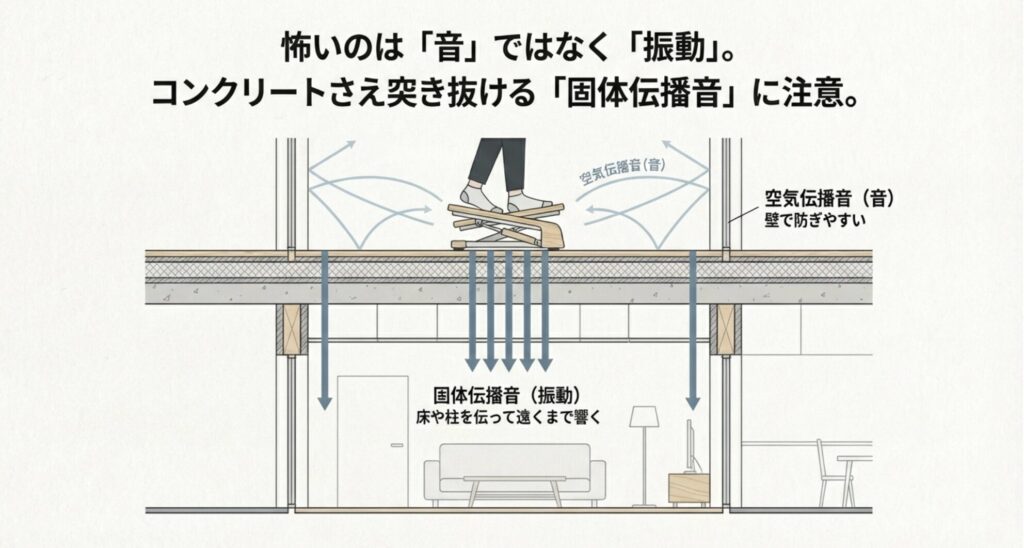 空気伝播音は壁で防ぎやすいが、固体伝播音（振動）は床や柱を伝って下の階まで響くことを示した図解。