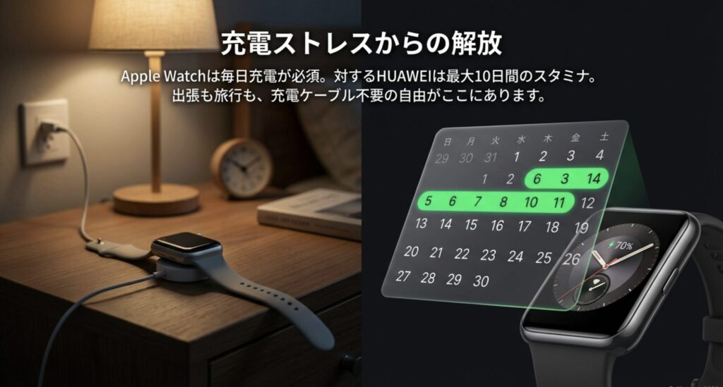 バッテリー持ちの比較。Apple Watchは毎日充電が必須だが、HUAWEIは最大10日間のスタミナで充電ケーブル不要の自由がある。