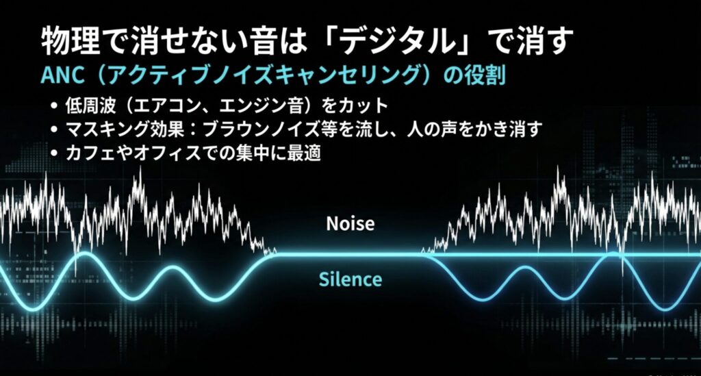 低周波ノイズをカットするANCの役割と、人の声をかき消すためのマスキング効果について説明したスライド
