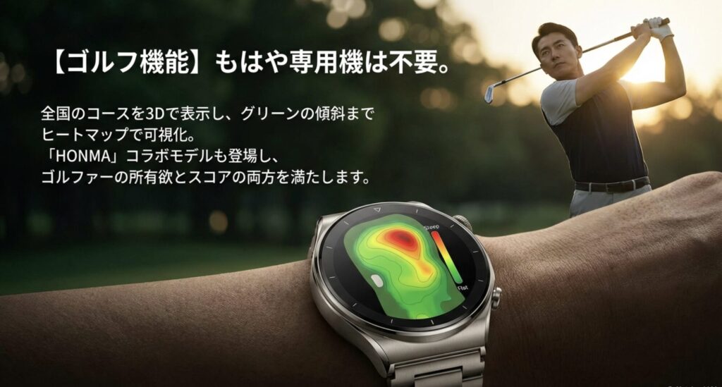 ゴルフコースの3D表示画面やグリーンの傾斜ヒートマップ、そして「HONMA」ロゴが入ったコラボモデルのウォッチフェイスが表示されているスライド