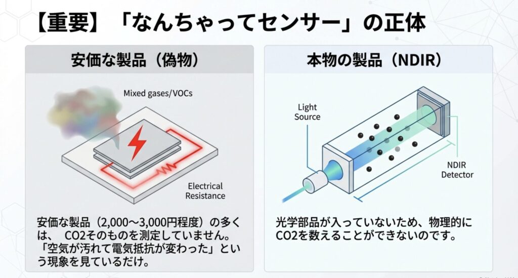 電気抵抗を利用した安価なセンサーと、光学的にCO2を測定するNDIR方式のセンサー構造の比較図。
