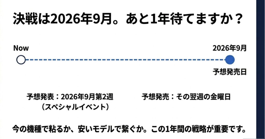 2026年9月の予想発売日と発表イベントのスケジュール。あと1年待てるか問いかけるスライド
