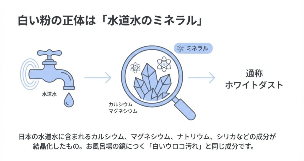 白い粉(ホワイトダスト)の正体が、水道水に含まれるカルシウムやマグネシウムなどのミネラル成分であることを解説したイラスト。