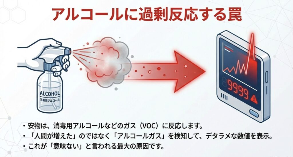 消毒用アルコールスプレーのガスに過剰反応し、9999などのデタラメな数値を表示してしまう安価なセンサーの仕組み。
