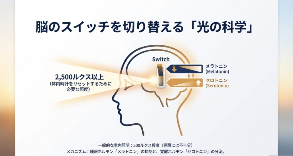 目から入った光が脳に作用し、メラトニンを抑制してセロトニンを分泌させるメカニズムのイラスト図解