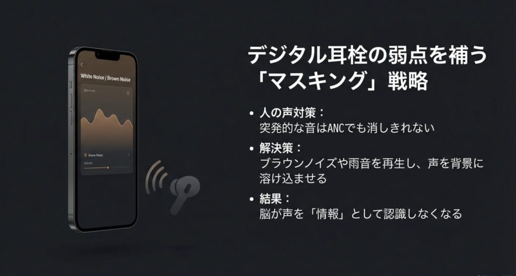 スマートフォンのアプリ画面にブラウンノイズの波形が表示されており、突発的な音を背景音に溶け込ませるマスキング手法を解説した画像