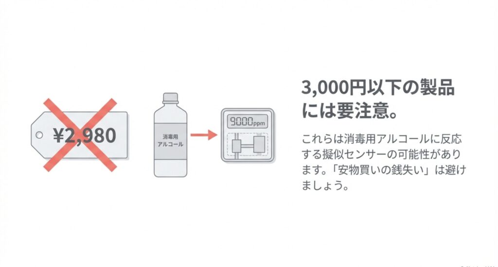 3000円以下の安価なCO2センサーが消毒用アルコールに反応してしまい、9000ppmなどの異常値を示す擬似センサーのリスクを警告する図。