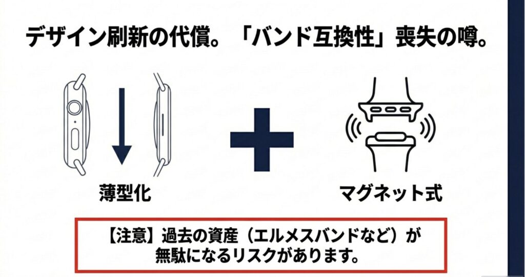 Apple Watchのデザイン刷新に伴うバンド互換性喪失の噂。薄型化とマグネット式変更による過去の資産が無駄になるリスクの図解