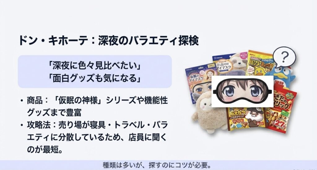 ドン・キホーテで販売されているユニークなアイマスクや多種多様なグッズのイメージ