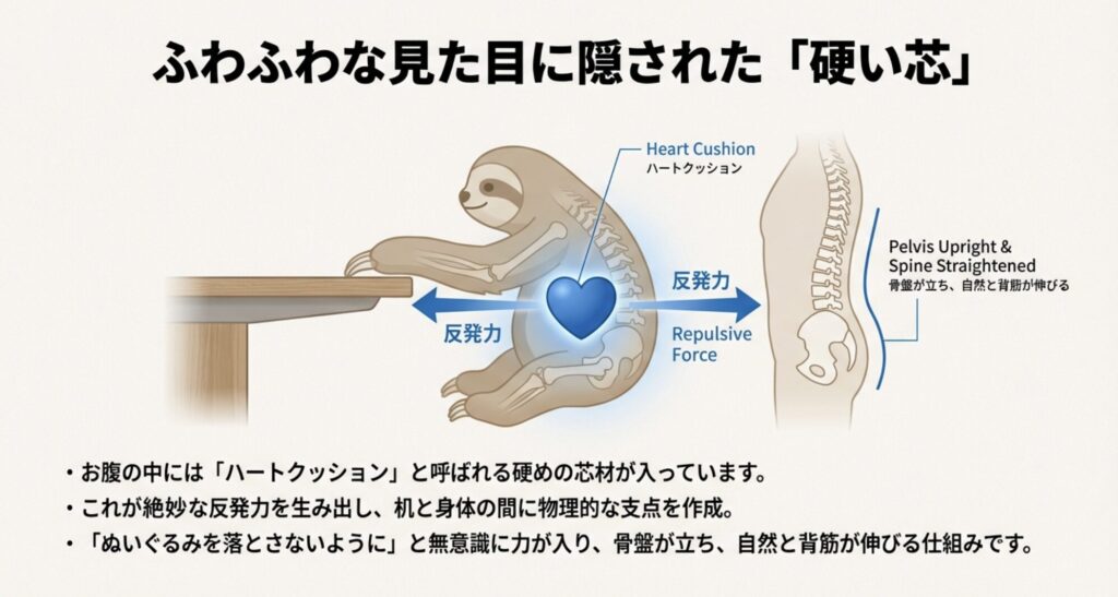 ふんばるず内部のハートクッションと反発力が背筋を伸ばす仕組みの図解