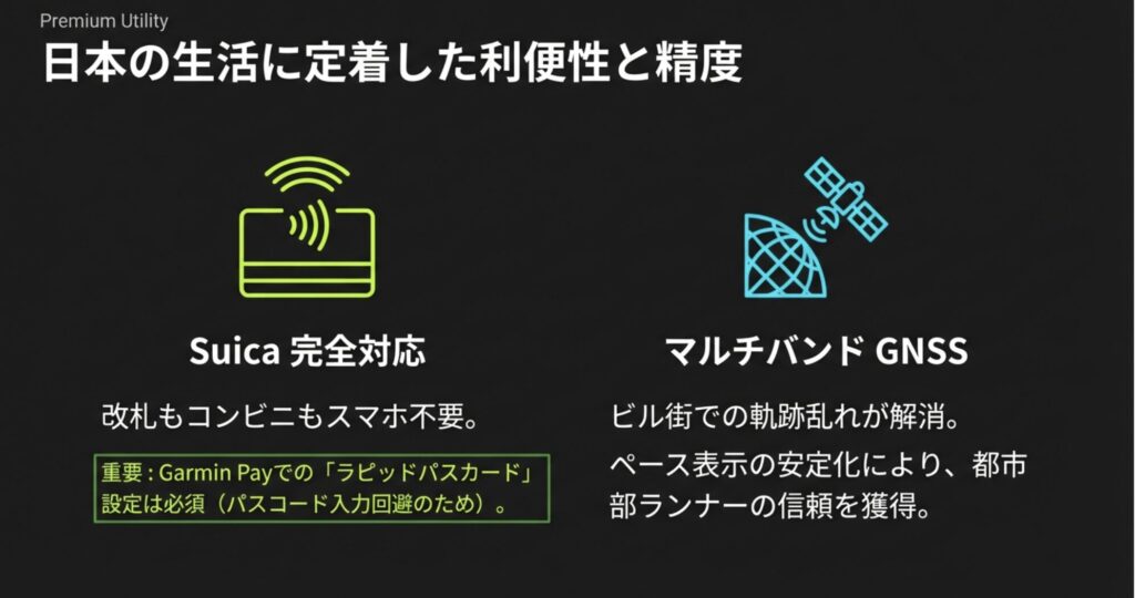 日本の生活に定着したSuica決済機能と、ビル街でも高精度なマルチバンドGNSSを示すアイコン画像。