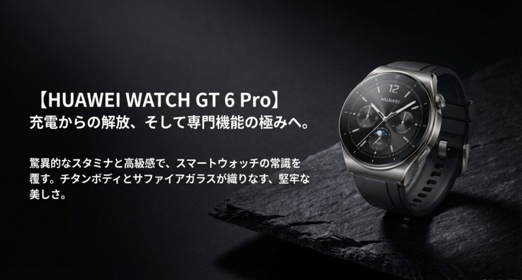 チタン製のボディとサファイアガラスを採用したHUAWEI WATCH GT 6 Proの高級感ある外観写真。「充電からの解放、そして専門機能の極みへ」というコピー
