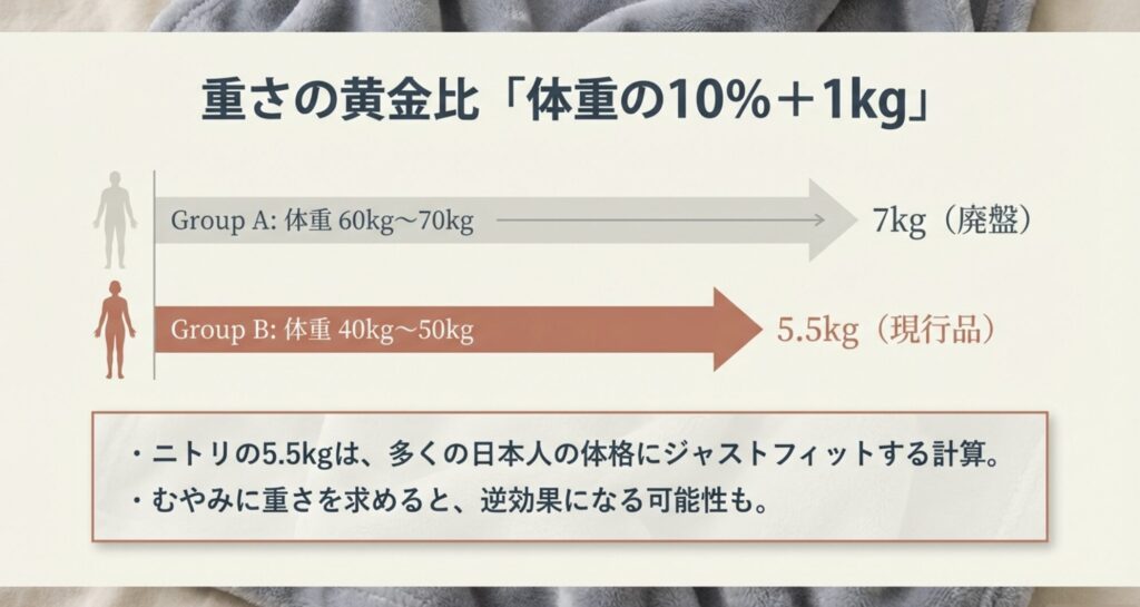 体重別のおすすめ毛布重量表。体重60-70kgは7kg(廃盤)、40-50kgは5.5kg(現行品)が推奨されている黄金比の解説