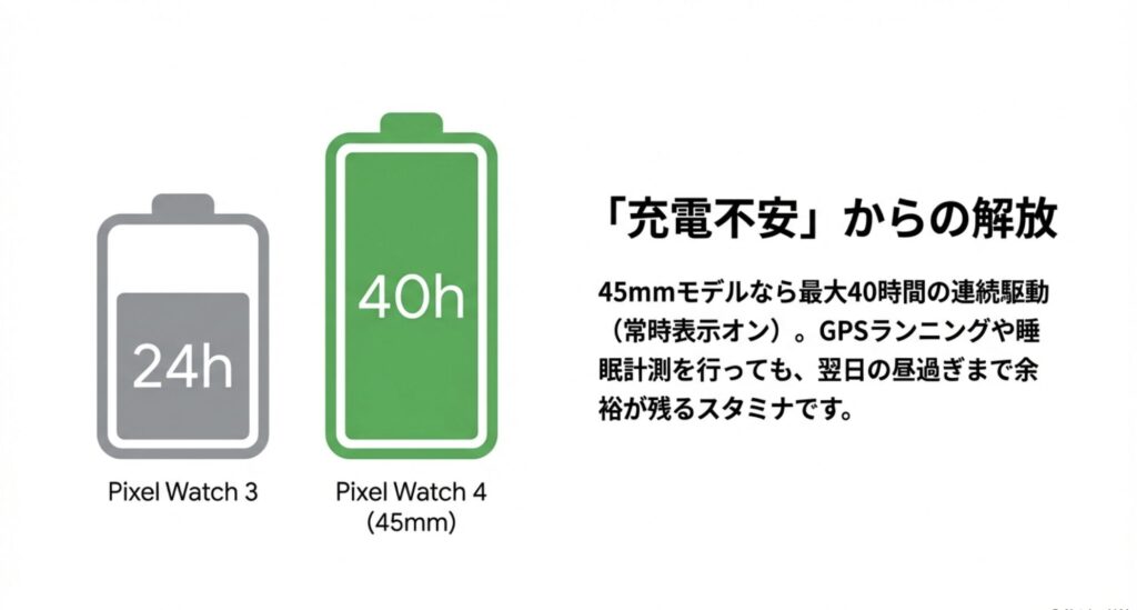 Pixel Watch 4 (45mm)のバッテリー容量イメージ。常時表示オンで最大40時間駆動し、前モデルの24時間から大幅に向上したことを示す比較図。