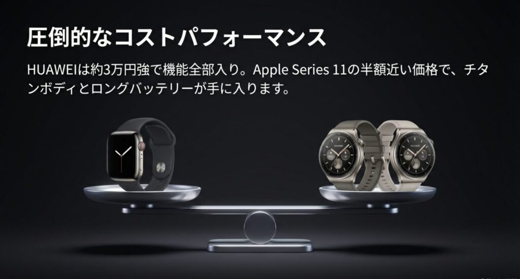 HUAWEI WATCH FIT 4 Proは高級素材のチタン合金とサファイアガラスを採用。Appleのアルミモデルと比較して質感と耐久性に優れる。