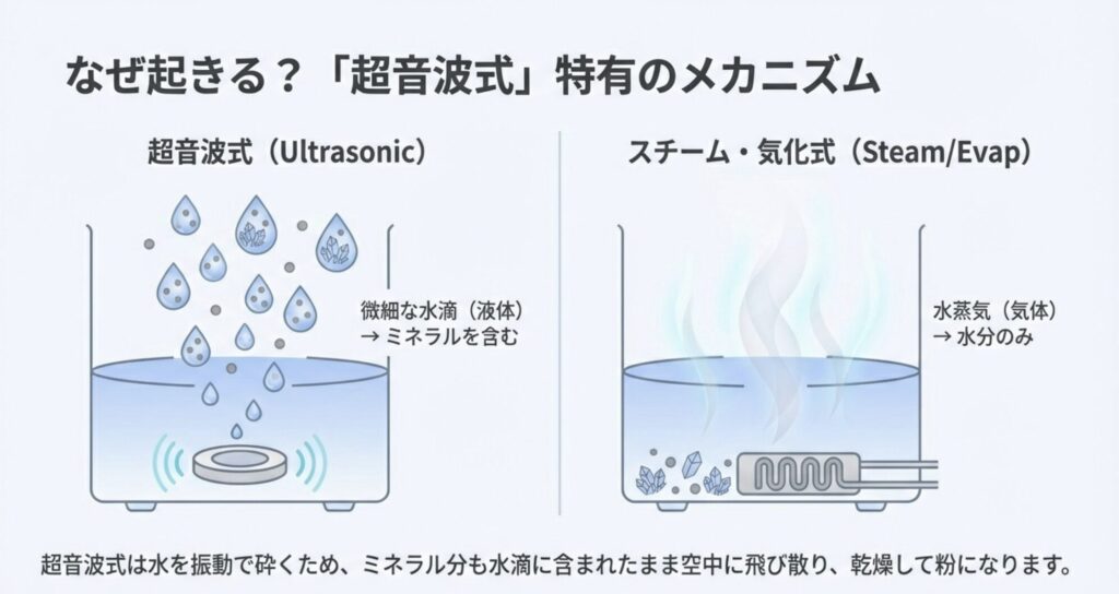 超音波式加湿器が微細な水滴としてミネラルを放出し、乾燥して粉になるメカニズムを図解したスライド。