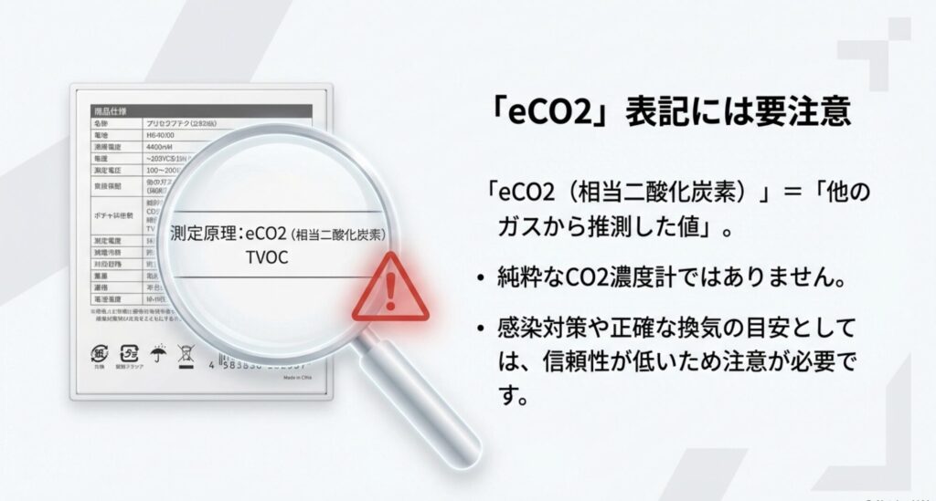 製品仕様書に記載されたeCO2(相当二酸化炭素)やTVOCの表記。純粋なCO2濃度計ではないことを示す注意点。