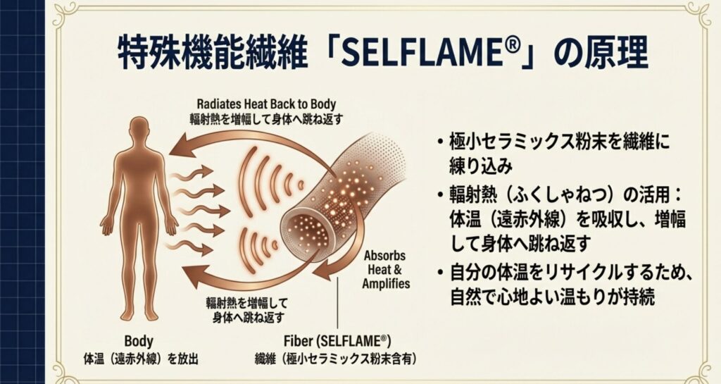 特殊機能繊維SELFLAME（セルフレイム）が身体から出る遠赤外線を吸収・増幅し、輻射熱として跳ね返すことで身体を温める仕組みを示した人体図と繊維の拡大イラスト。