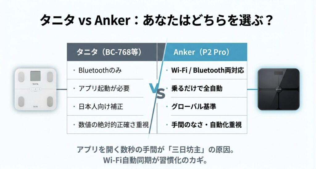 タニタ製品とAnker P2 Proの価格、接続方式、データ転送の違いをまとめた比較表