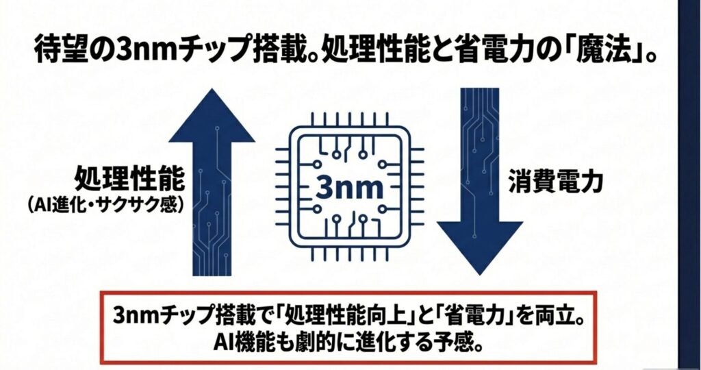 待望の3nmチップ搭載による処理性能向上と消費電力削減の両立、AI機能の進化についてのスライド