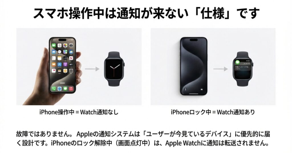 Apple Watchの通知システムが「ユーザーが今見ているデバイス」を優先する仕組みの図解。iPhone操作中はWatchに通知が来ず、ロック中のみ通知が届く仕様の説明。