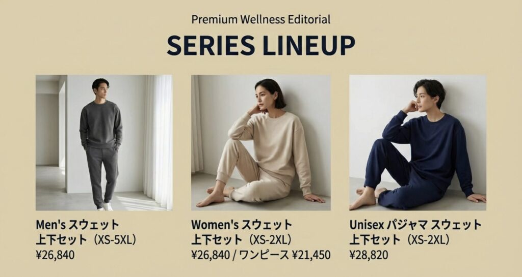 メンズ、レディース、ユニセックスの各スウェットモデルを着用したモデル写真とサイズ・価格一覧