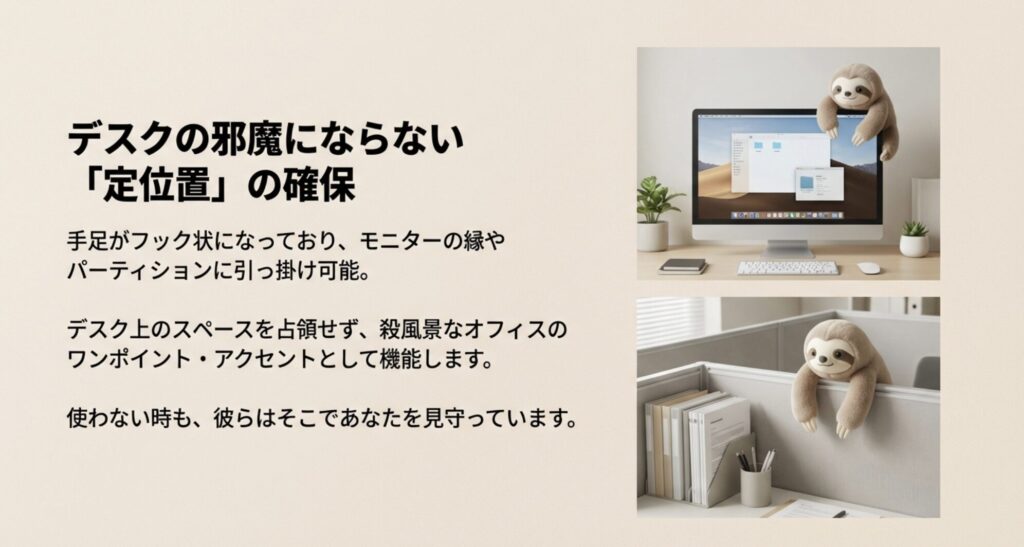 パソコンモニターの縁にぶら下がるふんばるずのイラストと収納方法