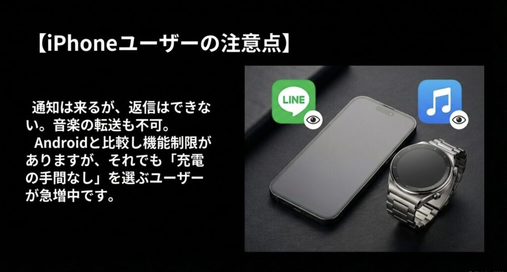 iPhoneとHUAWEI WATCHが並び、LINEやApple Musicのアイコンに「見るだけ（閲覧のみ）」のマークが付き、返信や転送ができないことを示すスライド