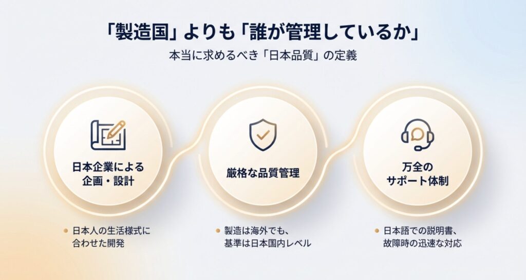 製造国よりも日本企業による企画・管理・サポート体制が重要であることを示した品質定義のリスト