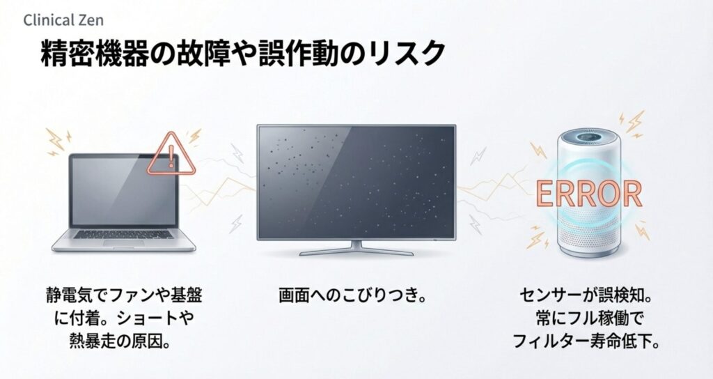 白い粉が静電気で付着し、PCの基盤ショートやファンの熱暴走、センサーの誤検知を引き起こすリスクについての警告。