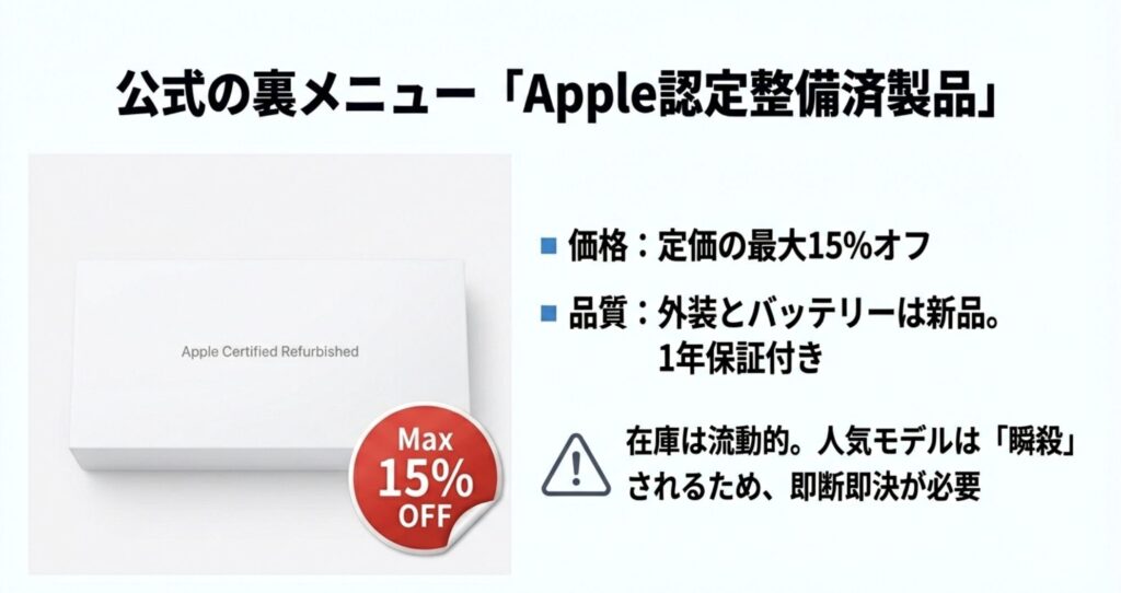 Apple認定整備済製品の最大15%オフ価格と品質保証についての解説