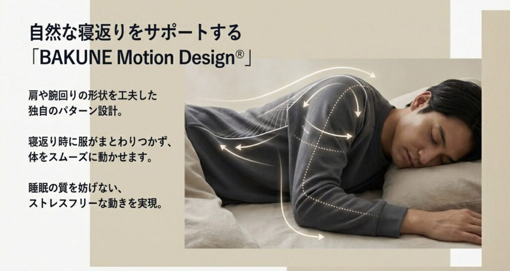 肩や腕回りの独自のパターン設計により、睡眠中の寝返りをスムーズにする構造の図解