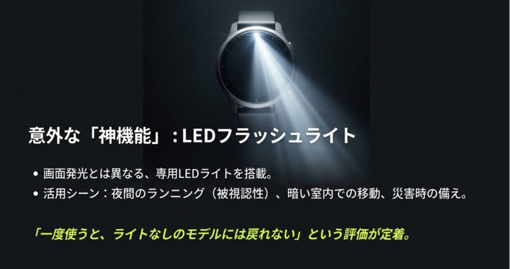夜間ランニングや暗所での移動に役立つ、Garmin Venu 4の内蔵LEDフラッシュライト機能の紹介。