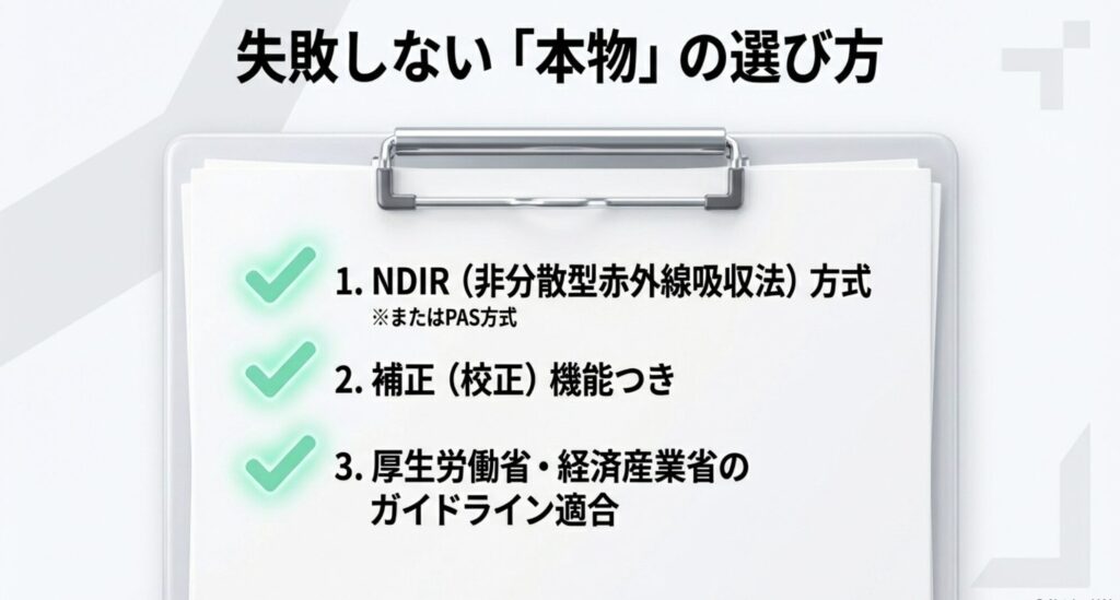 NDIR方式の採用、補正機能の有無、厚労省ガイドライン適合など、信頼できるCO2センサーを選ぶための3つの条件。