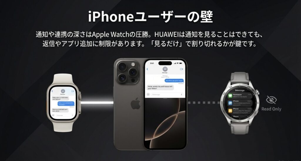 iPhoneとの連携比較。通知や連携の深さはApple Watchが圧勝。HUAWEIは通知を見ることはできても返信などに制限がある。