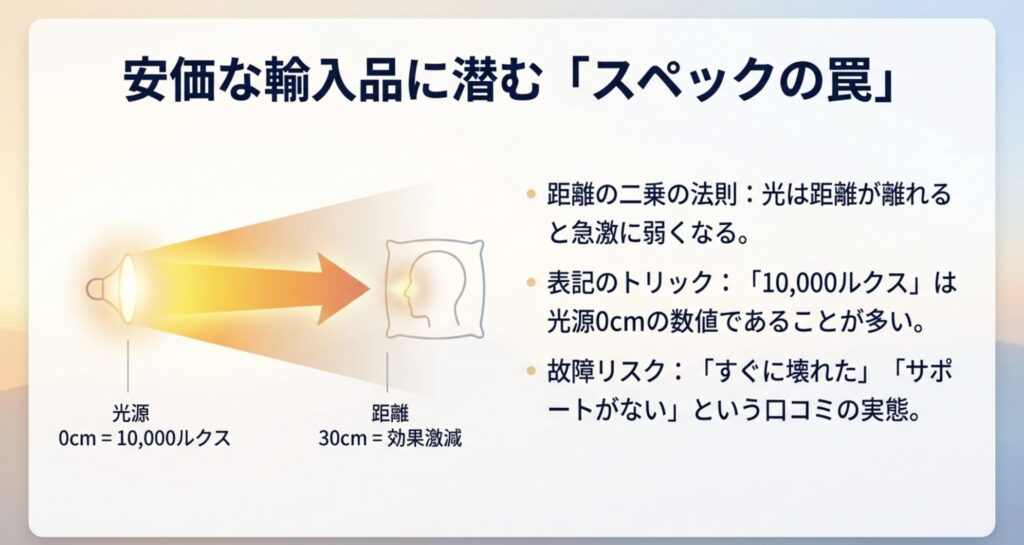 距離が離れると光が急激に弱くなる距離の二乗の法則と、スペック表記のトリックについての解説