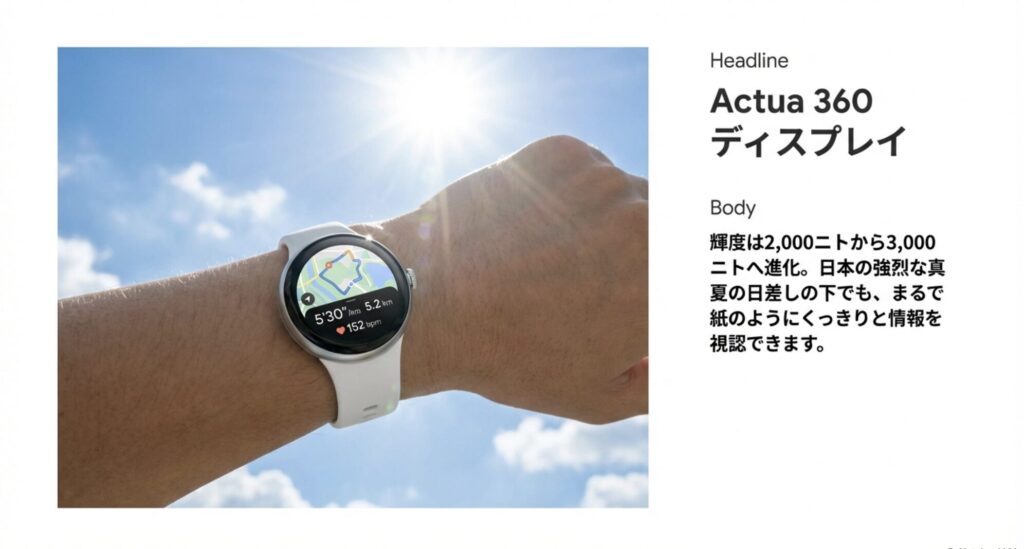 屋外の直射日光下でPixel Watch 4を使用している様子。輝度が3,000ニトに向上し、マップや心拍数が見やすくなった画面。